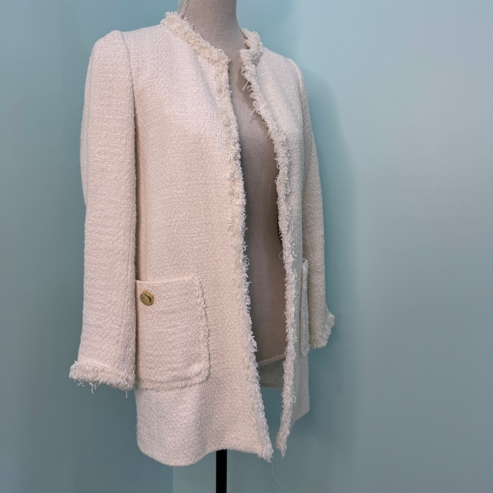 Zara Tweed Long Blazer Cardigan Coat Jacket Fringe Trim Cream White Ivory Basics